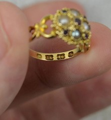 Victorian 18ct 18k Gold Almandine Garnet Pearl Cluster Ring Sz 5.5 Hallmark 1867