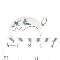 925 Sterling Silver Vintage Real Turquoise Inlay Crescent Moon Charm Pendant
