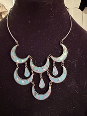 Vintage Alpaca Mexico Turquoise Inlay Statement Necklace 8”x4” Silver