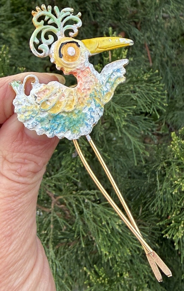 LIND GAL lg vintage Enamel long leg Stork bird Brooch pin jewelry