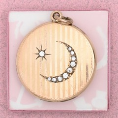 Antique Victorian Crescent Moon Star Gold Filled Paste Stripe Pendant Locket