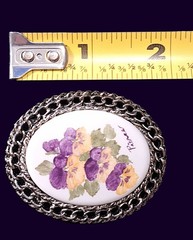 Vtg Hand Painted Signed Yellow & Purple Pansy Porcelain Silver-tone Brooch Pin