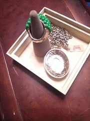 Green Oval Chabacon, Bead, & Rhinestone Statement Ring & Pendant On 22″ Goldtone