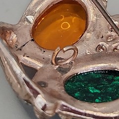 Vintage Rhinestone Crown Brooch Green Confetti Orange Oval Cabochon 37mm