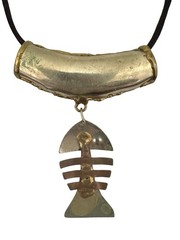 Vintage Fish Skeleton Pendant Slide Necklace Mixed Metal Mid Century On Silk