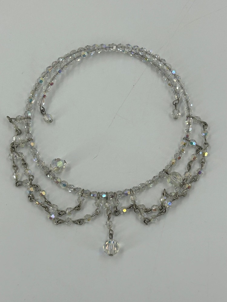 Vintage Crystal Choker Tension Necklace Silver Tone AB Faceted Glass Dangle