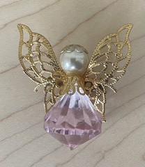 Vintage Christmas Angel Brooch Pink Stone Gold-tone Faux Pearl