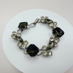 Vintage Silver Tone Chunky Rhinestone Bracelet Gray Emerald Cut Geometric Retro