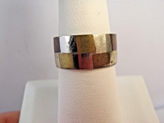 Estate 925 Sterling Silver Checkered 9mm Ring Band Silver Bronze Brass Sz 6 1/4