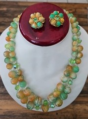 RARE Judy Lee DUCHESSE Peach and Green Mottled Beads/AB Crystals Parure NWT