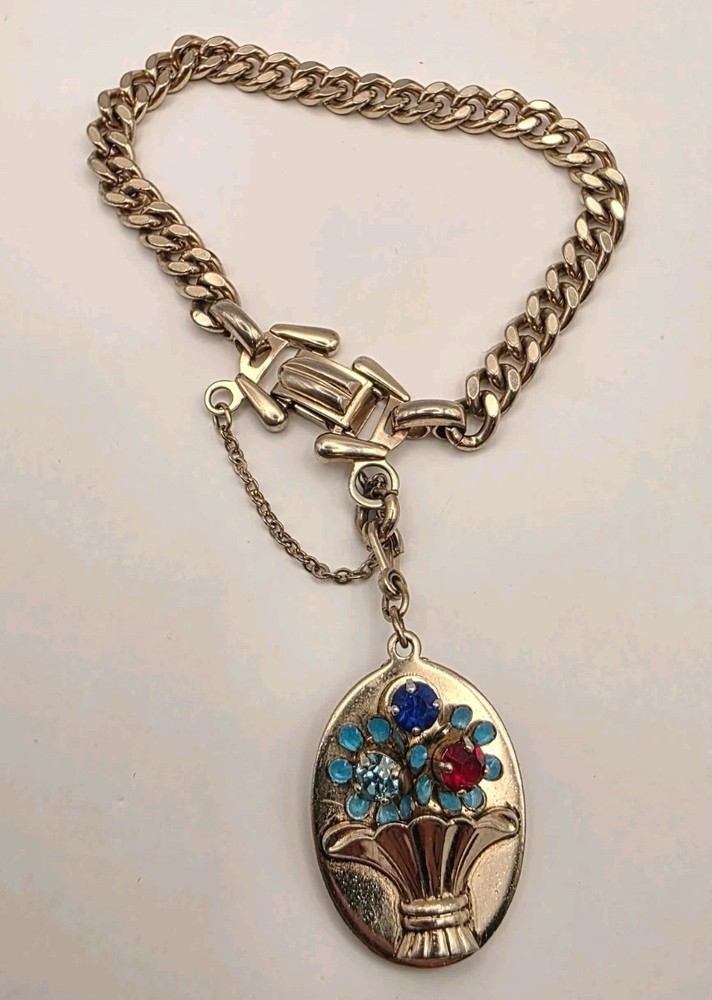 Vintage Signed Barclay Multicolor Crystal, Blue Enamel Floral Charm Bracelet