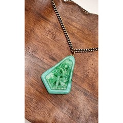 Vintage Carved Glass Pendant Necklace Faux Jade