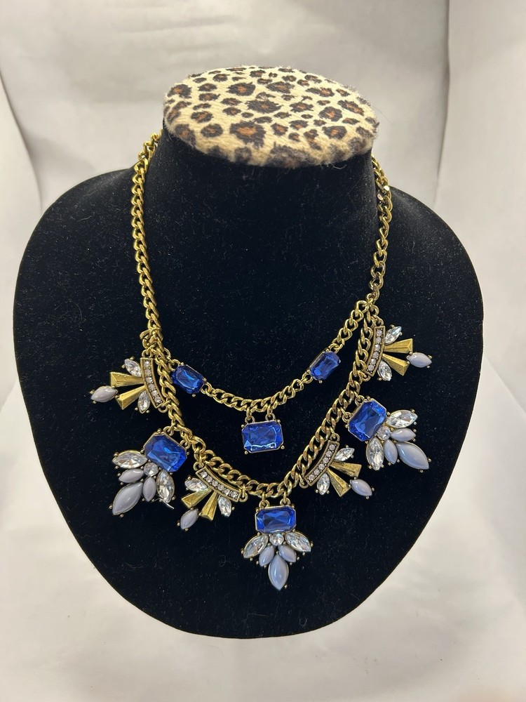 Art Deco Rhinestone Bib Necklace Adjustable length Blue Tones Statement Piece