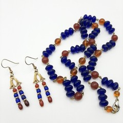 Egyptian Revival Carnelian And Blue Glass Vintage Necklace And Earrings Set