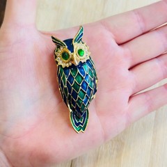 VTG Jomaz Owl Bird Pin Brooch Gold Tone Cabochon Rhinestone Unsigned 1960s Rare