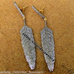Vintage Look 2.90ct Genuine Old Mine Rose Diamond Silver Feather Earring Jewelry
