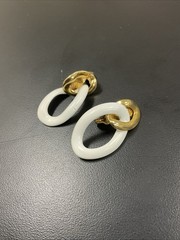 Vintage MONET Clip On Set Gold Tone & White Enamel/ Gold Texture Dangle Hoops