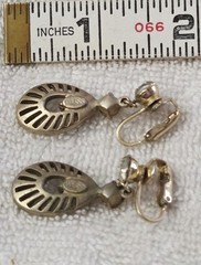 Vintage Textured Goldtone & Glass Rhinestone Dangle Drop Clip On Earrings Signed