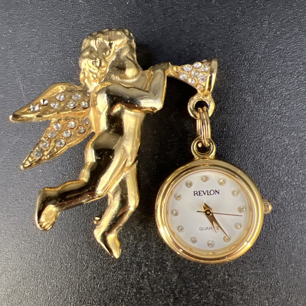 Vintage Revlon 1.5” Cherub Angel Watch Brooch Pin Gold Tone New Battery