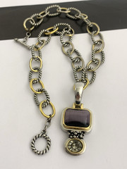 Vintage Silver and Gold Tone Cable Chunky Chain Necklace w/ Purple Stone Pendant