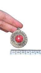 Antique Opening Locket Pendant Silver Tone Red Stone Holds Two Photos Classic 1.