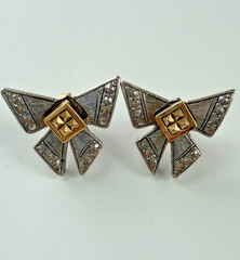 Vintage AVON Art Deco Bow Two Tone Pin Brooch & Earrings Set Stylepoints 1995