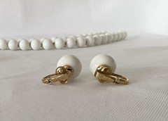 Vintage White Bead Gold Tone Necklace(no Brand) AND Clip On Earrings (Trifari)
