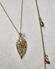 Vintage Gold Toned Layered Leaf Charm Necklace with Mint Beads Boho Style
