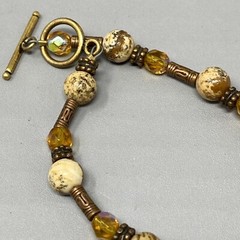 Stone Bracelet Brown Speckled Gemstone Glass Beads Bali Tubes Toggle Vtg 7″