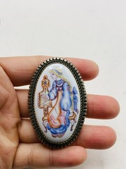 Vintage Silver Tone Russian Finift Hand Painted Porcelain The Snow Maiden Brooch