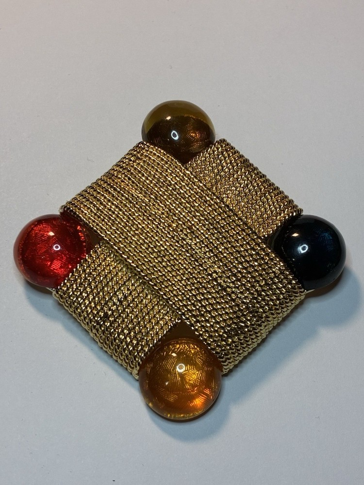 Les Bernard Gold Tone Square Colorful Brooch Costume Jewelry
