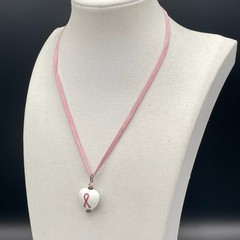 Vinatge Pink Ribbon Porcelain Heart Pendant Necklace Suede Cord Toggle