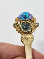 Vtg Sword Saber Brooch Dress Coat Kilt Pin Gold Tone AB Blue Rhinestone 3.5 In
