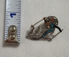 VTG Sterling Silver Turquoise Ski Skier Pin Snow Trees Winter Holiday Skiing