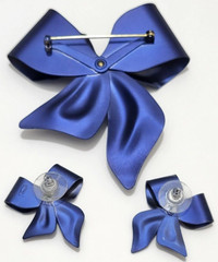 Vtg Tona Bow Ribbon Rhinestones Blue Satin Metal Brooch Earring Demi Parure Set