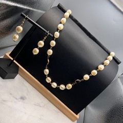 Vintage Faux Pearl Black Glass Long Necklace Earring Set Gold Tone 32 In Opera