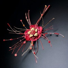 Red Leather Flower Brooch Pin Modernist Statement Atomic Era Vintage