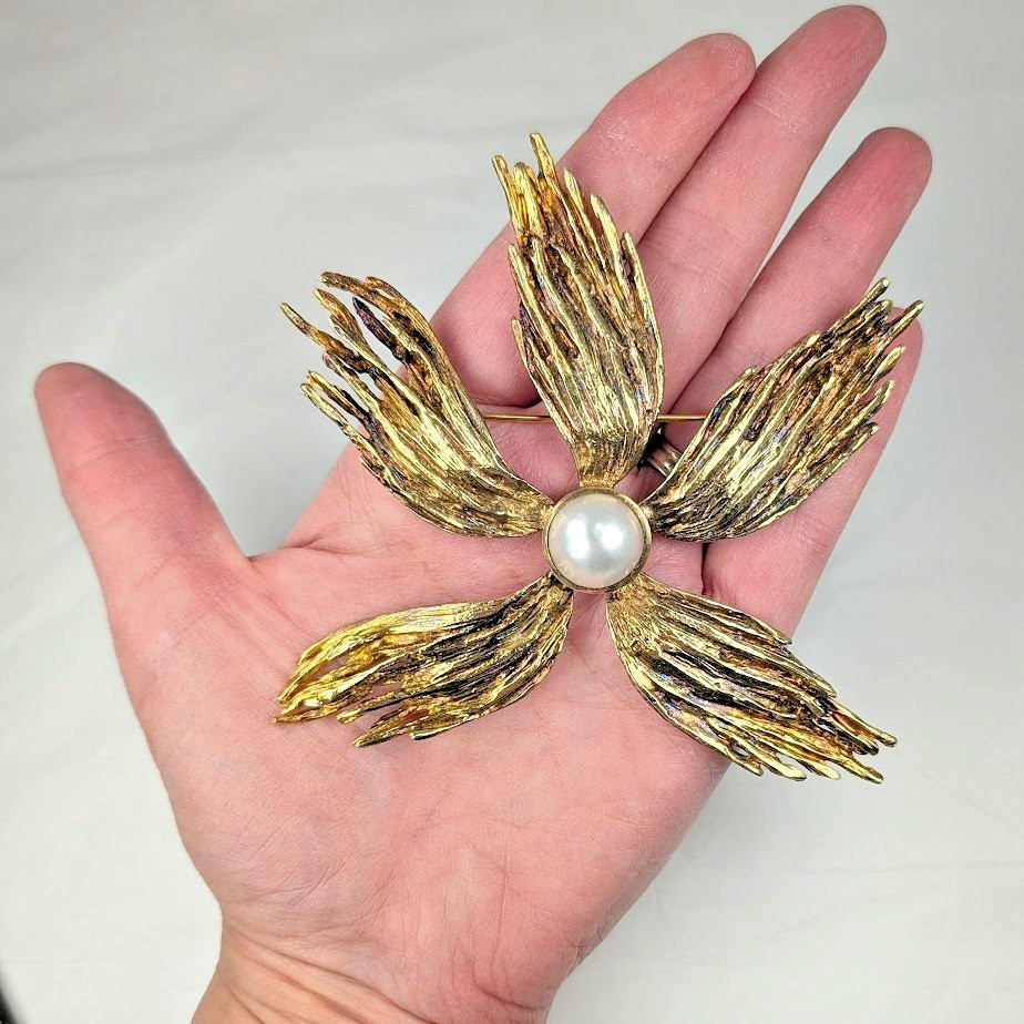 Vtg MCM Sterling Modernist Flower Brooch Mabe Pearl Gold Vermeil 5″ 71g Signed