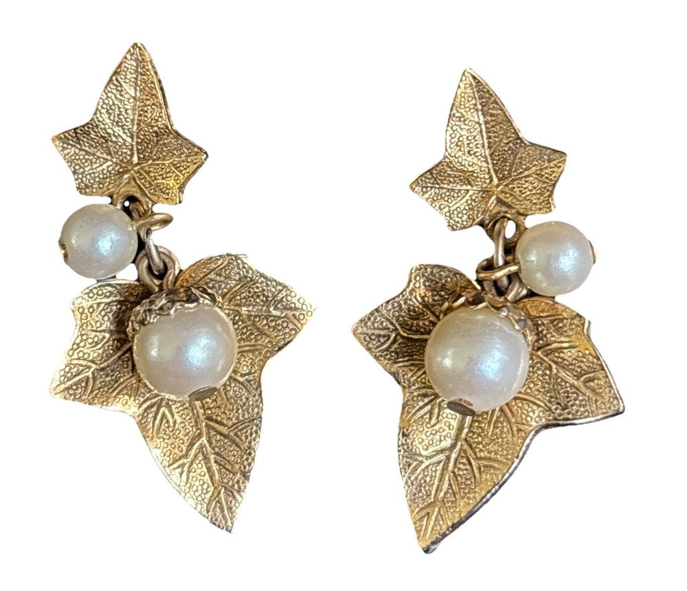 Vintage Ivy Leaves & Faux Pearls Stud Earring Stylized Drop Dangle Earrings