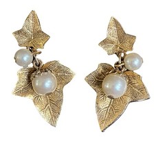 Vintage Ivy Leaves & Faux Pearls Stud Earring Stylized Drop Dangle Earrings