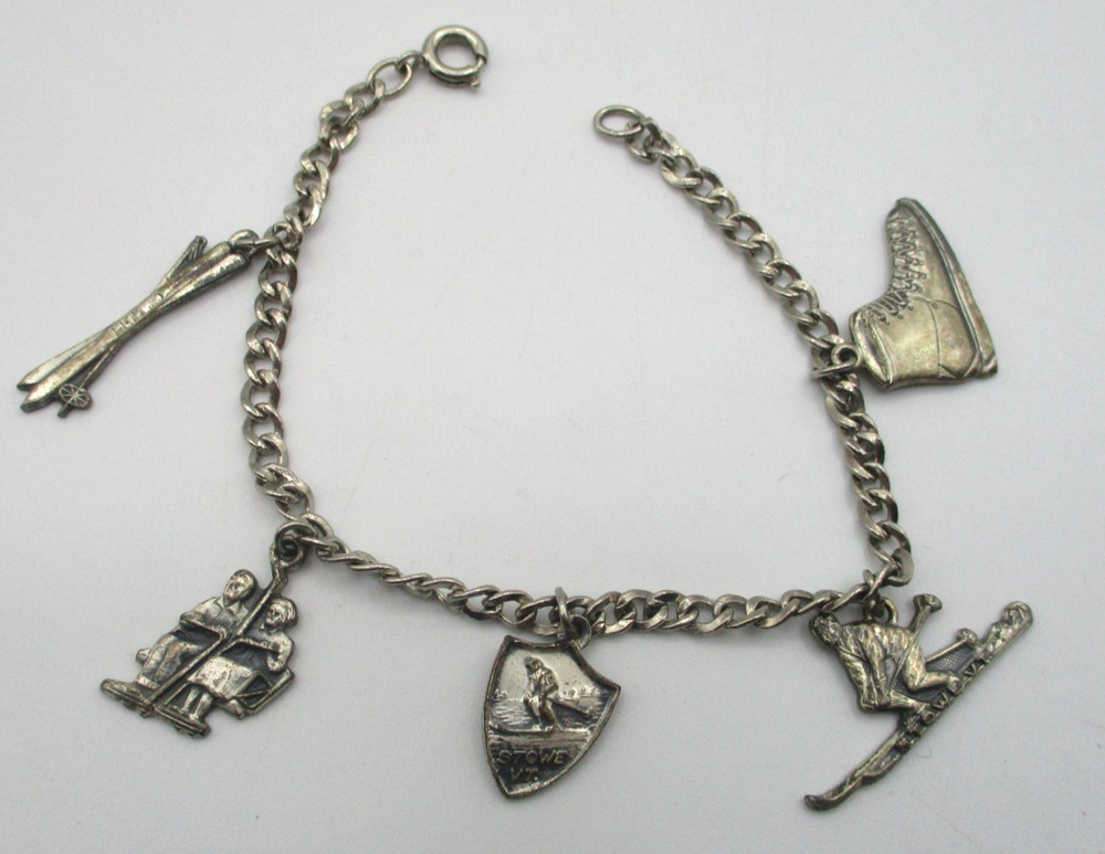 VINTAGE STERLING SILVER CHARM BRACELET with 5 STOWE VERMONT SKI CHARMS