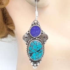 Vintage 25.25ctw Green Turquoise & Lapis Lazuli Silver Dangle Earrings 24.4g