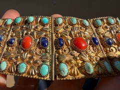 Vintage Egyptian Nepalese Style Bracelet Natural Turquois Lazuli Gold Tone