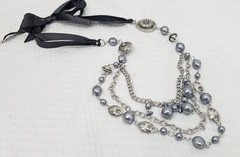 Boho Gray Pearl Bead & Silver Tone Black Satin Ribbon Multi Strand Necklace