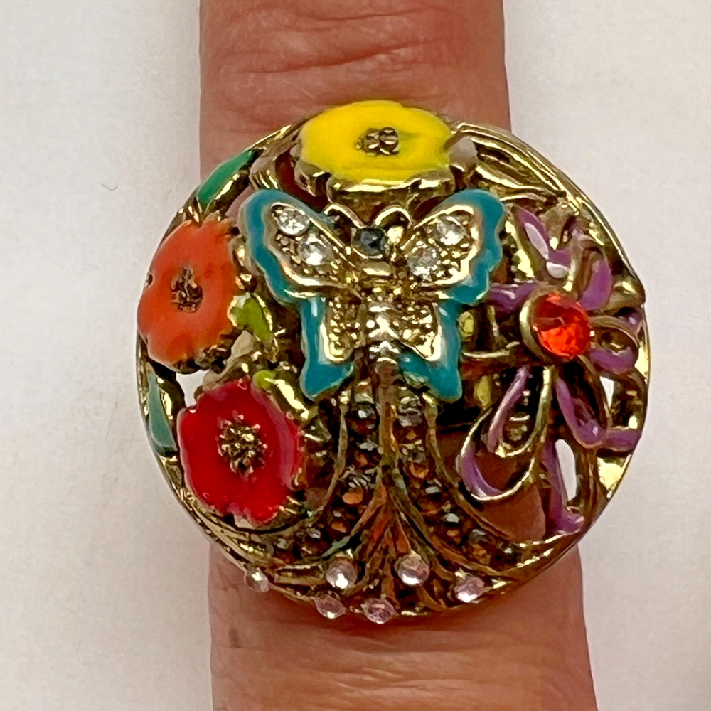 Vintage Enamel Butterfly Flowers Rhinestone Dome Statement Cocktail Ring Sz 7