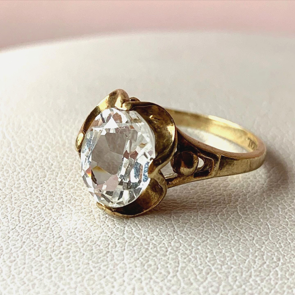 HUBERTUS VON SKAL VINTAGE 10K GOLD COLORLESS WHITE SPINEL FLOWER BUTTERCUP RING