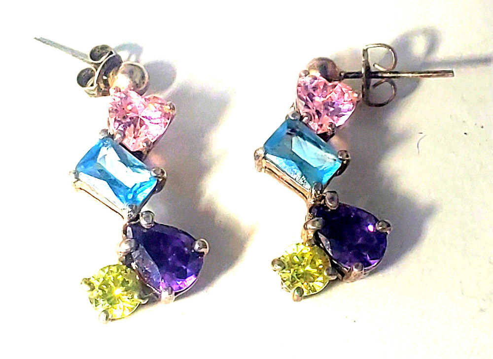 Vtg Sterling Silver Multicolor Pastel CZ Dangle Drop Stud Post Earrings Lot