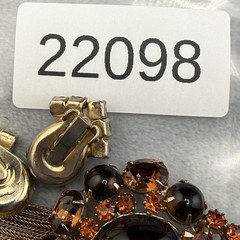 Vintage Weiss Brooch Clip On Earrings Set Tassel Rhinestones Gold Tone Brown