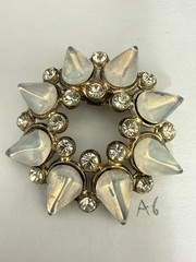 Vintage Opaline Glass & Rhinestone Spiked Circle Brooch Gold Tone Mid Century