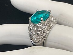 925 Sterling Silver vintage cocktail ring .5” aquamarine Ring 8 ornate MCM domed